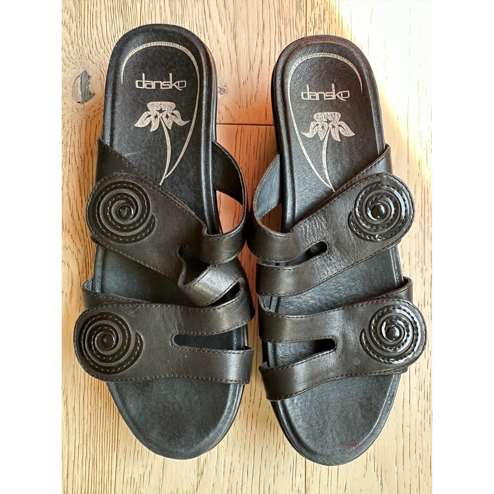 Dansko Black Leather Swirl Slide Sandals Wedge Platform 39 2203100202K